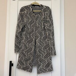 Sioni Geometric Fuzzy Knit Open Front‎ Cardigan Women Black White Long Sweater L
